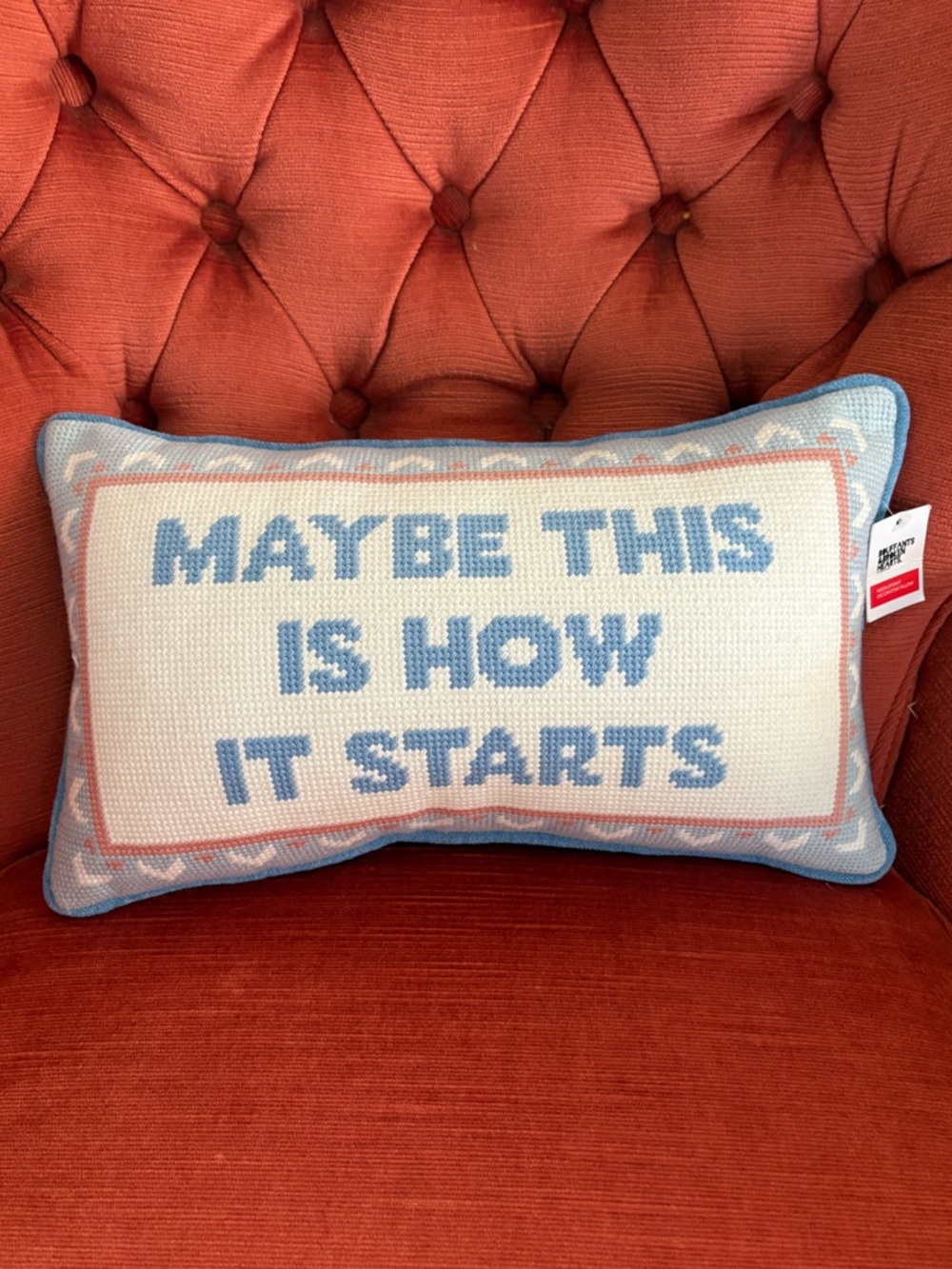 Needlepoint Lumbar Pillow "Maybe This Is How It Starts" in Light Blue - NWT